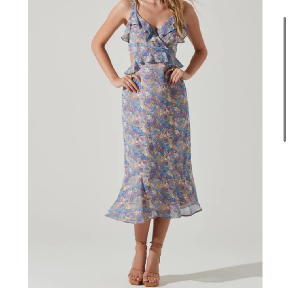 Astr Floral Ruffle Maxi Dress in Lavender and Light Blue